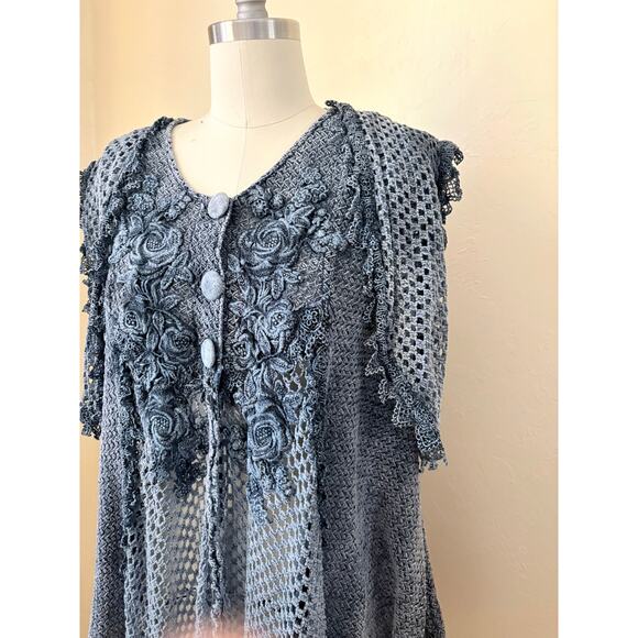 80s VTG Chorisia Italy Crochet Knit Boho Tunic Vest Gray Floral Lace M/L - Picture 2 of 7